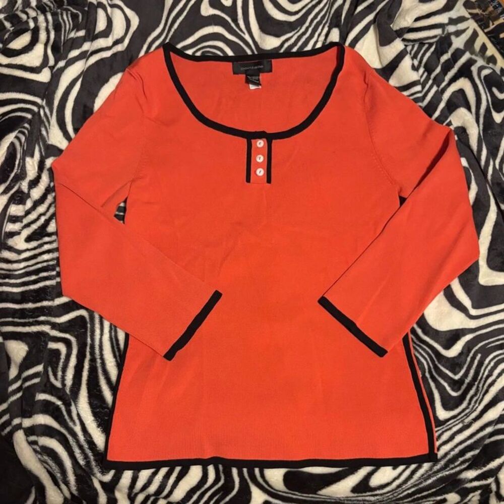 Pointelle Orange Black Knit 3/4 Sleeve Henley Top Medium Contrast Trim Buttons